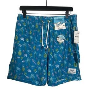 NWT Beach Bros Medium Blue Swim Trunks Lined Surf Board Waves Palm Tree Hang 10
